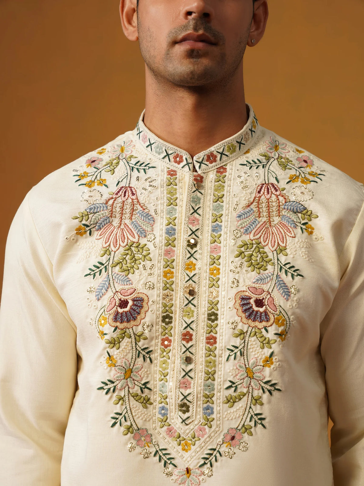 Cream Silk with Multi Embroidery Kurta with Baggy Pants