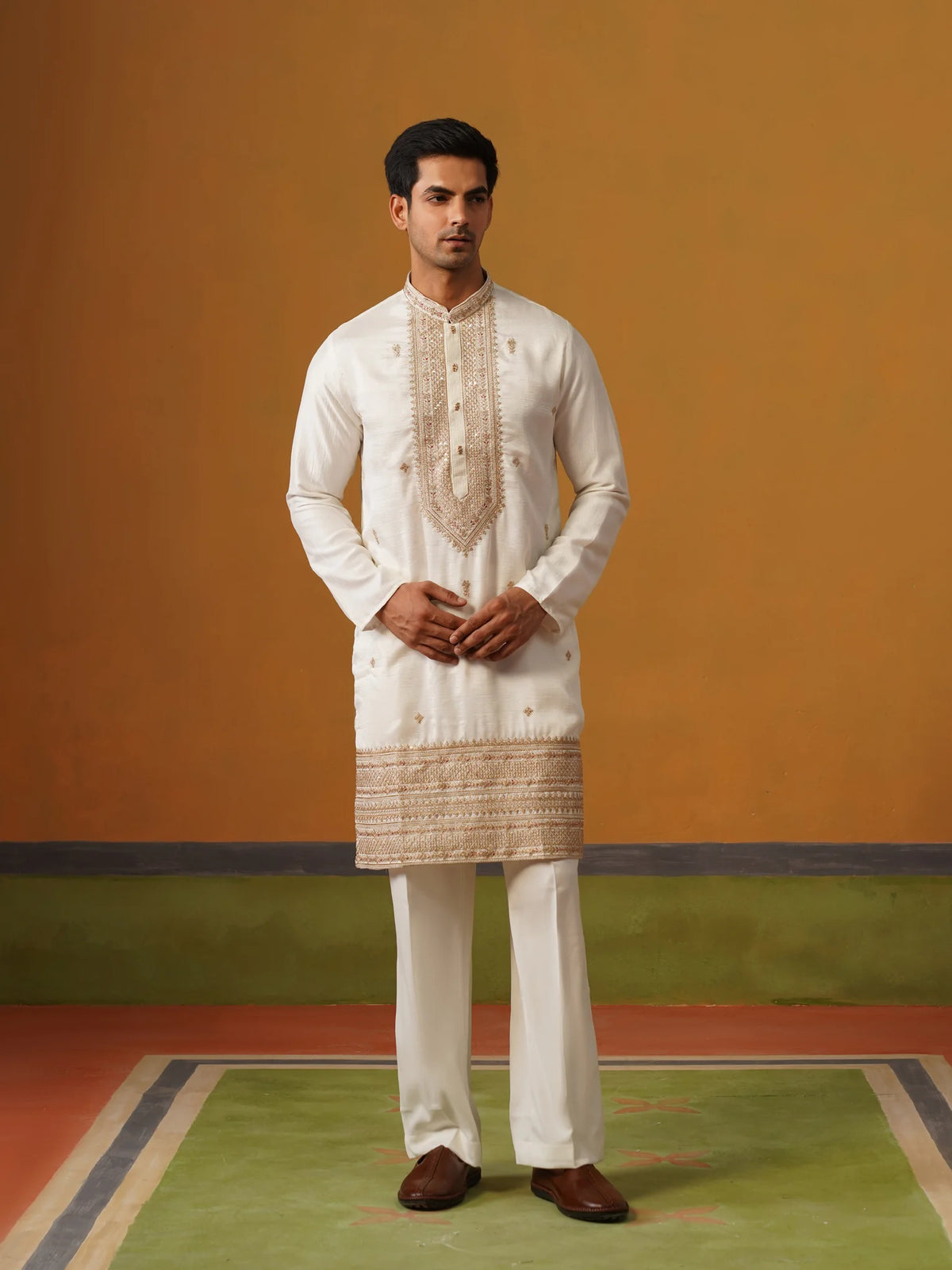 Cream Silk Kurta with Embroidery and Baggy Pants