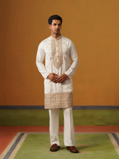 Cream Silk Kurta with Embroidery and Baggy Pants