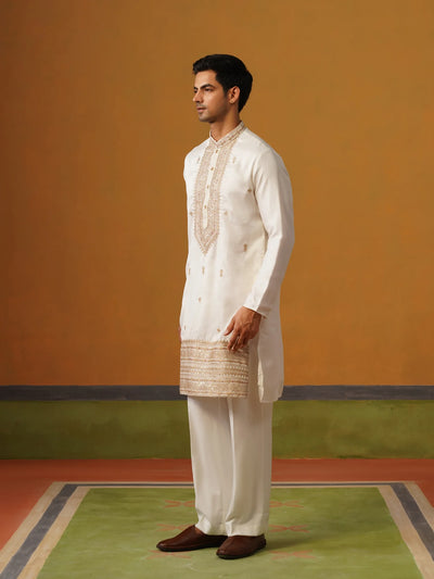 Cream Silk Kurta with Embroidery and Baggy Pants