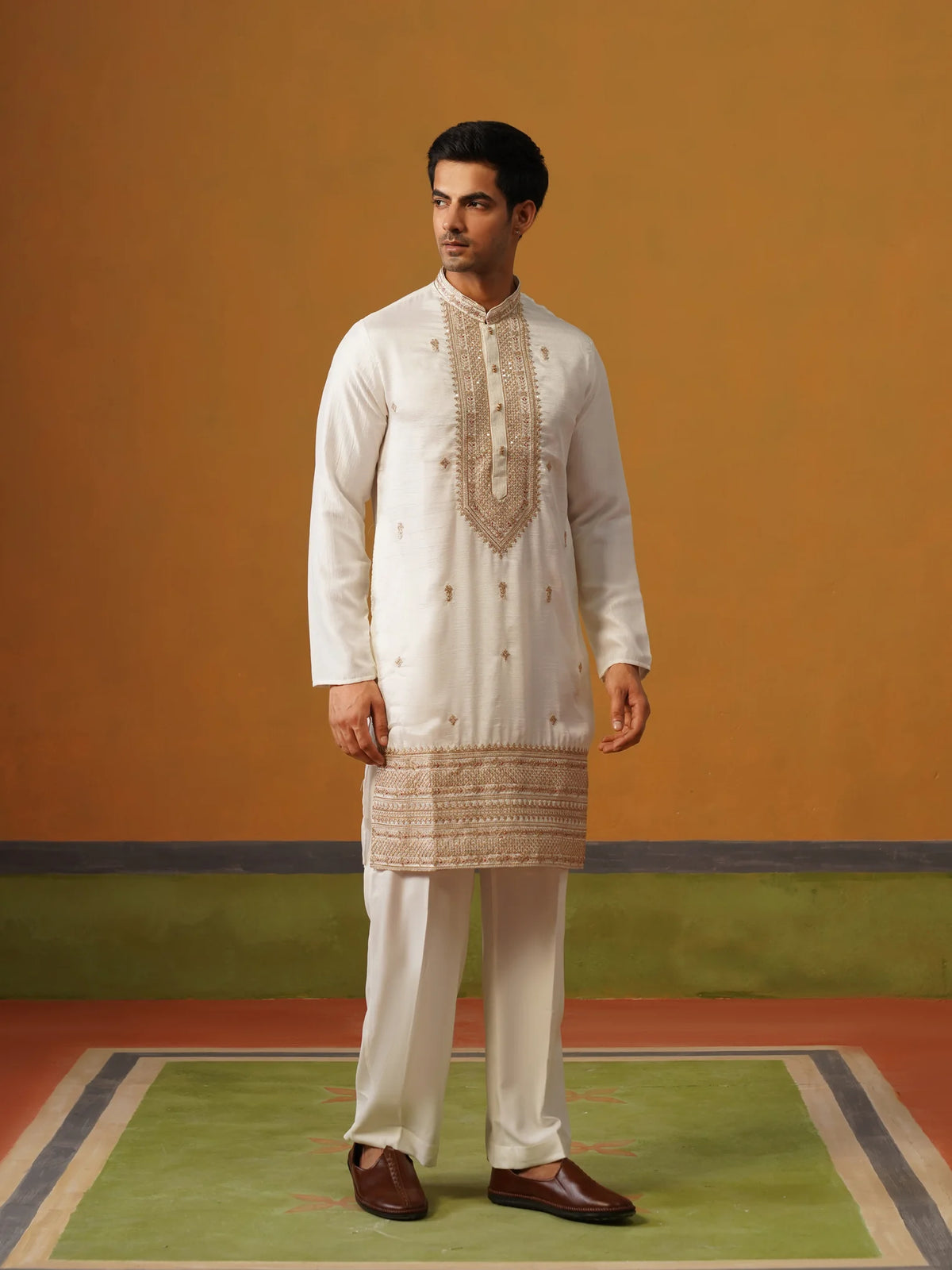 Cream Silk Kurta with Embroidery and Baggy Pants