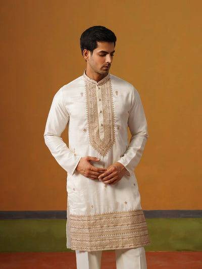 Cream Silk Kurta with Embroidery and Baggy Pants
