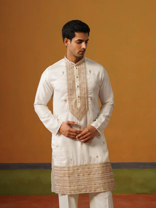 Cream Silk Kurta with Embroidery and Baggy Pants