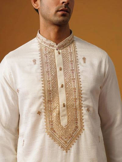 Cream Silk Kurta with Embroidery and Baggy Pants