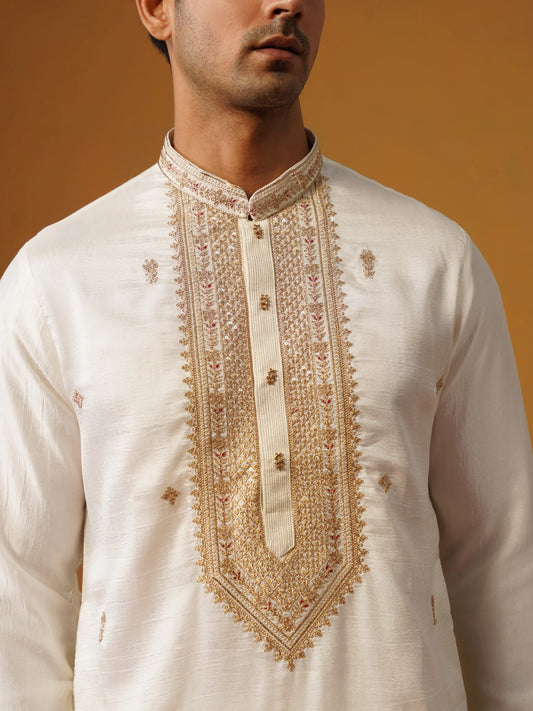 Cream Silk Kurta with Embroidery and Baggy Pants