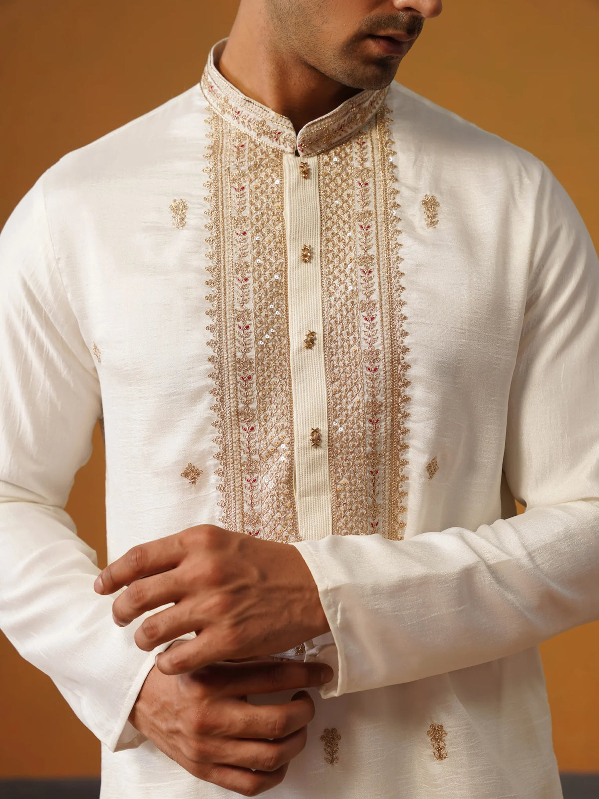 Cream Silk Kurta with Embroidery and Baggy Pants