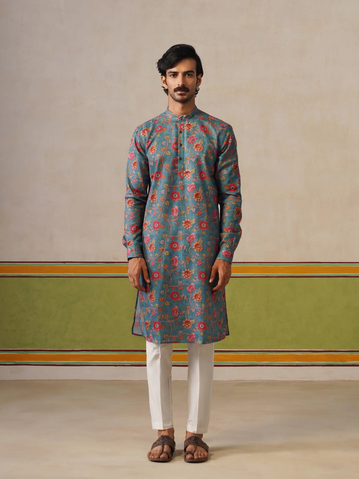 Teal Blue Cotton Printed Kurta Only