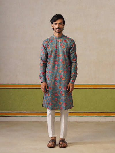 Teal Blue Cotton Printed Kurta Only