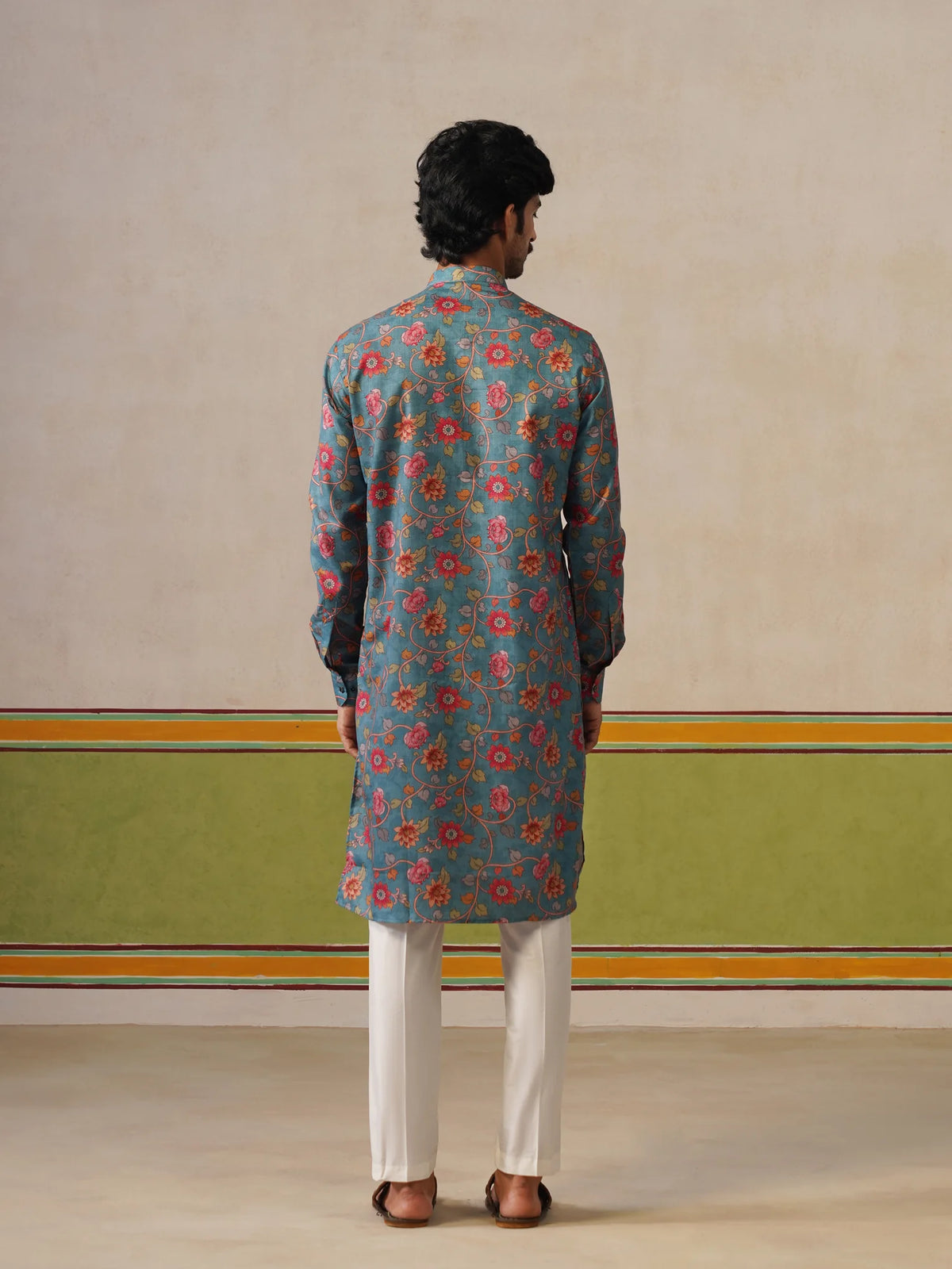 Teal Blue Cotton Printed Kurta Only