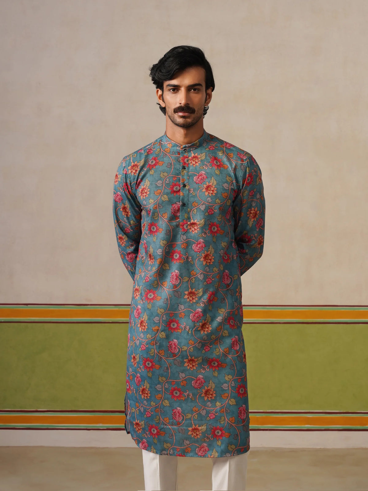 Teal Blue Cotton Printed Kurta Only