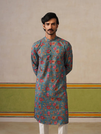 Teal Blue Cotton Printed Kurta Only