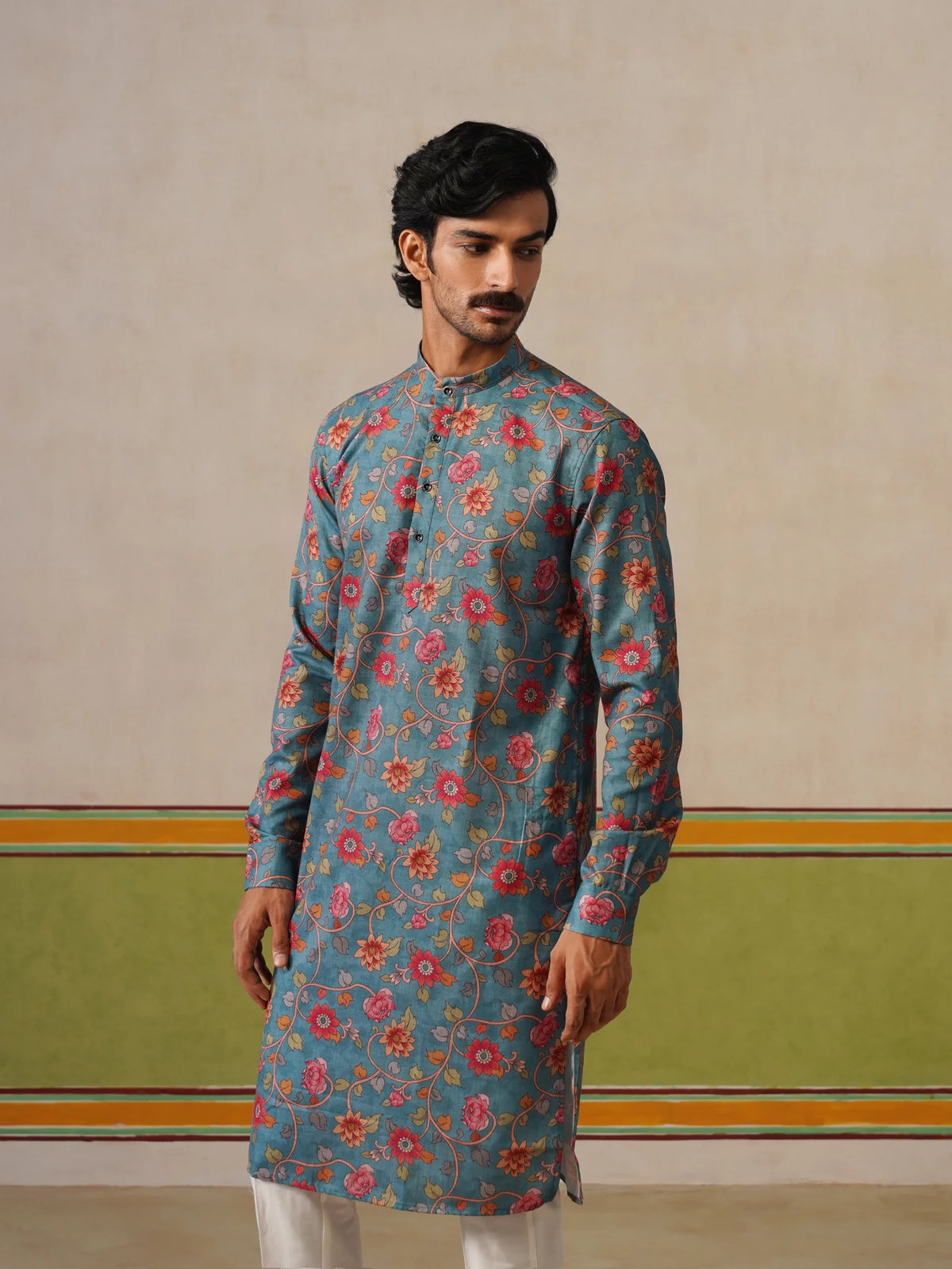 Teal Blue Cotton Printed Kurta Only