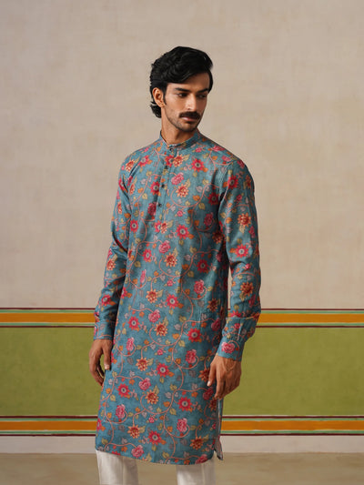 Teal Blue Cotton Printed Kurta Only