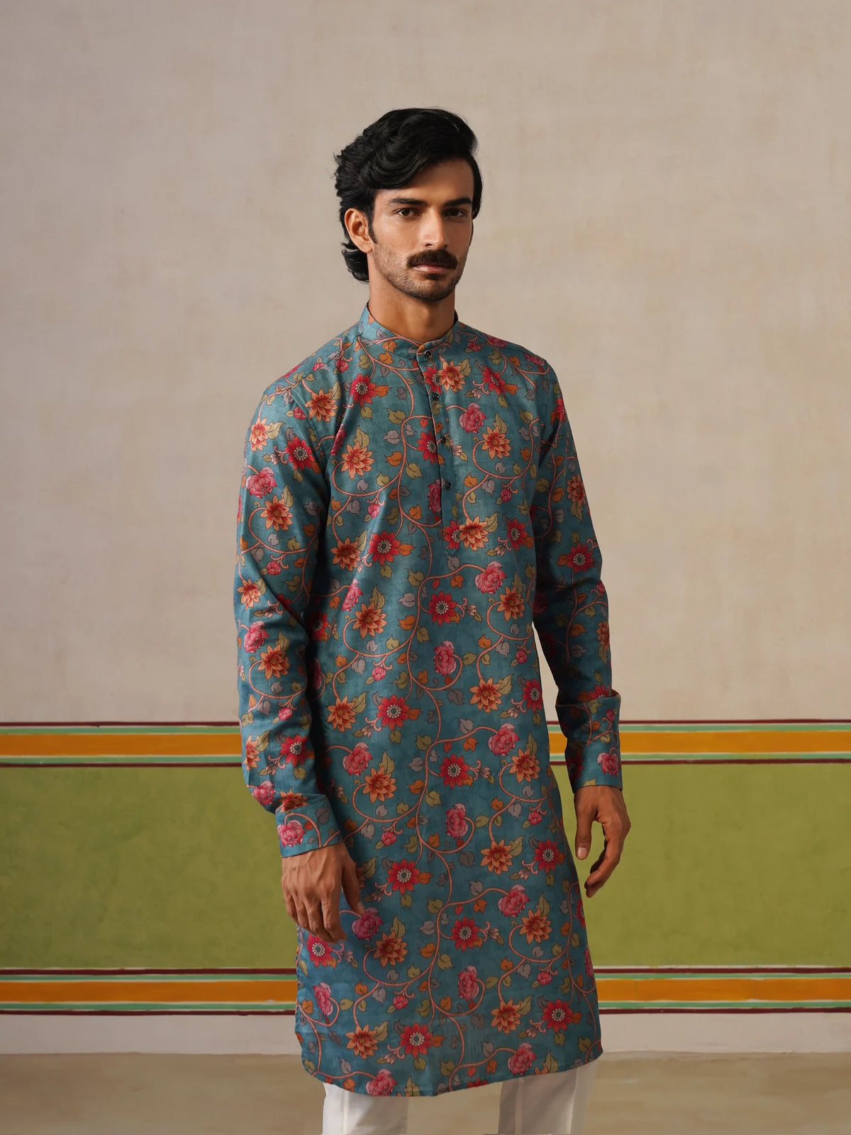 Teal Blue Cotton Printed Kurta Only