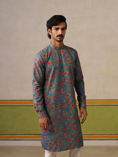 Teal Blue Cotton Printed Kurta Only