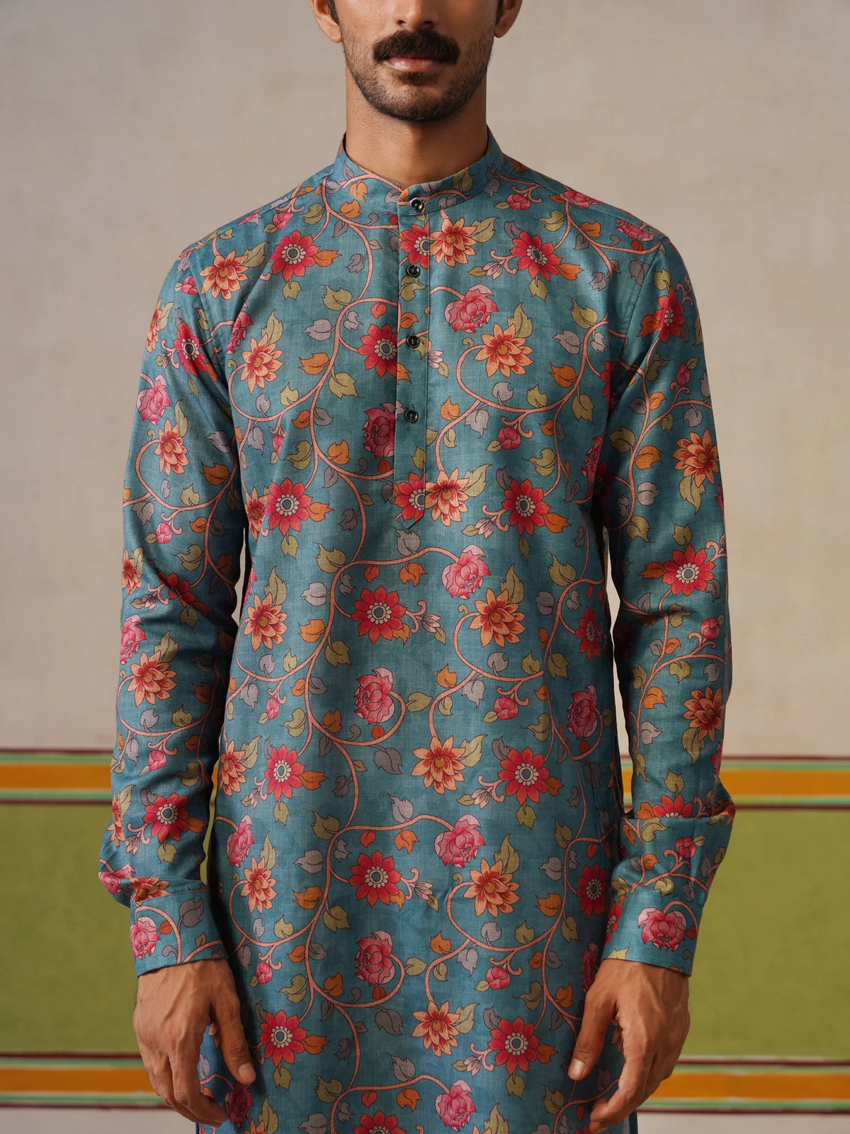 Teal Blue Cotton Printed Kurta Only