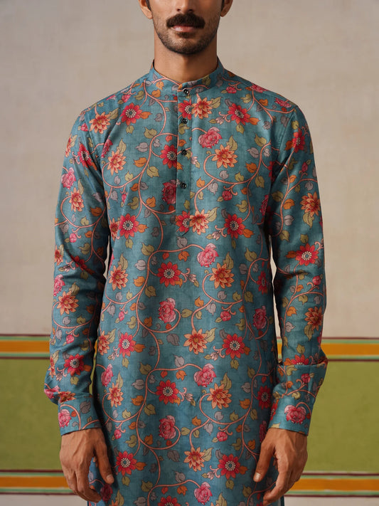 Teal Blue Cotton Printed Kurta Only