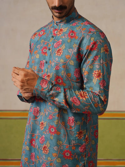 Teal Blue Cotton Printed Kurta Only