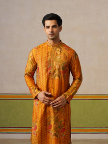 Yellow Tusser Silk Printed Kurta Pant Set