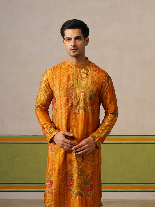 Yellow Tusser Silk Printed Kurta Pant Set