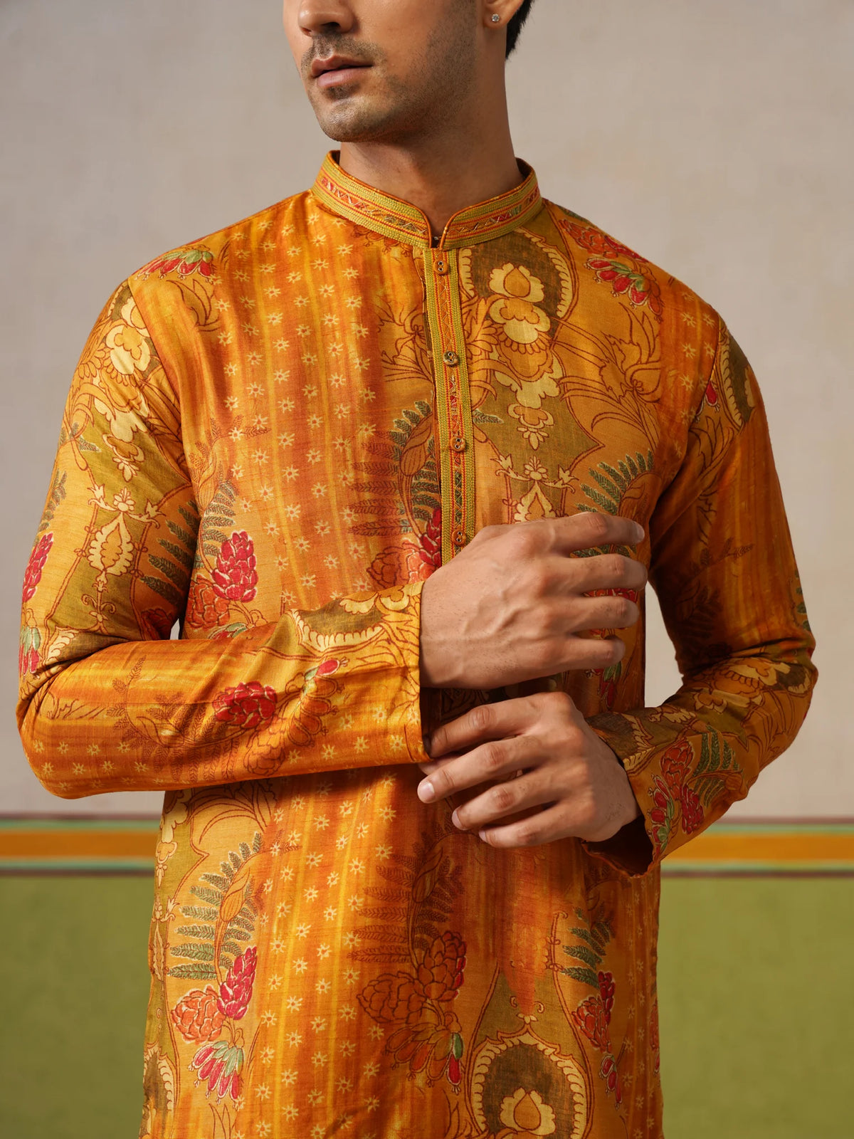 Yellow Tusser Silk Printed Kurta Pant Set