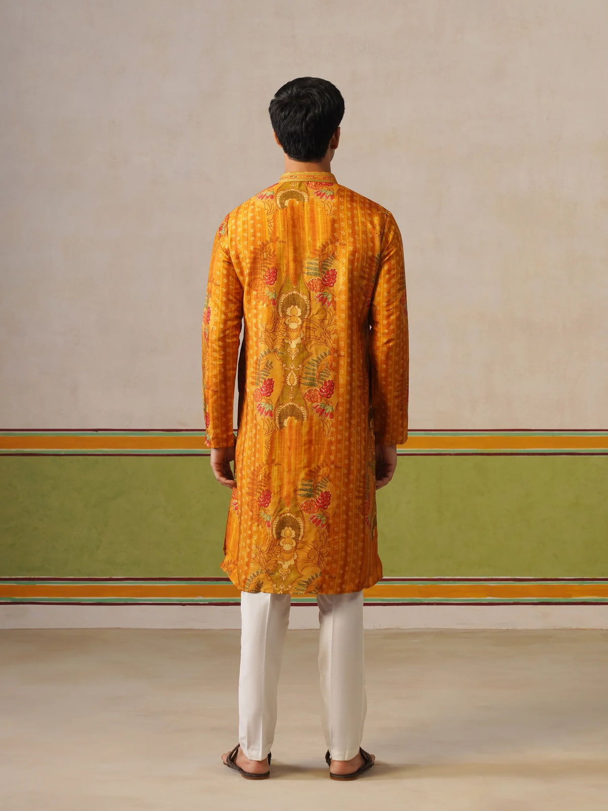 Yellow Tusser Silk Printed Kurta Pant Set