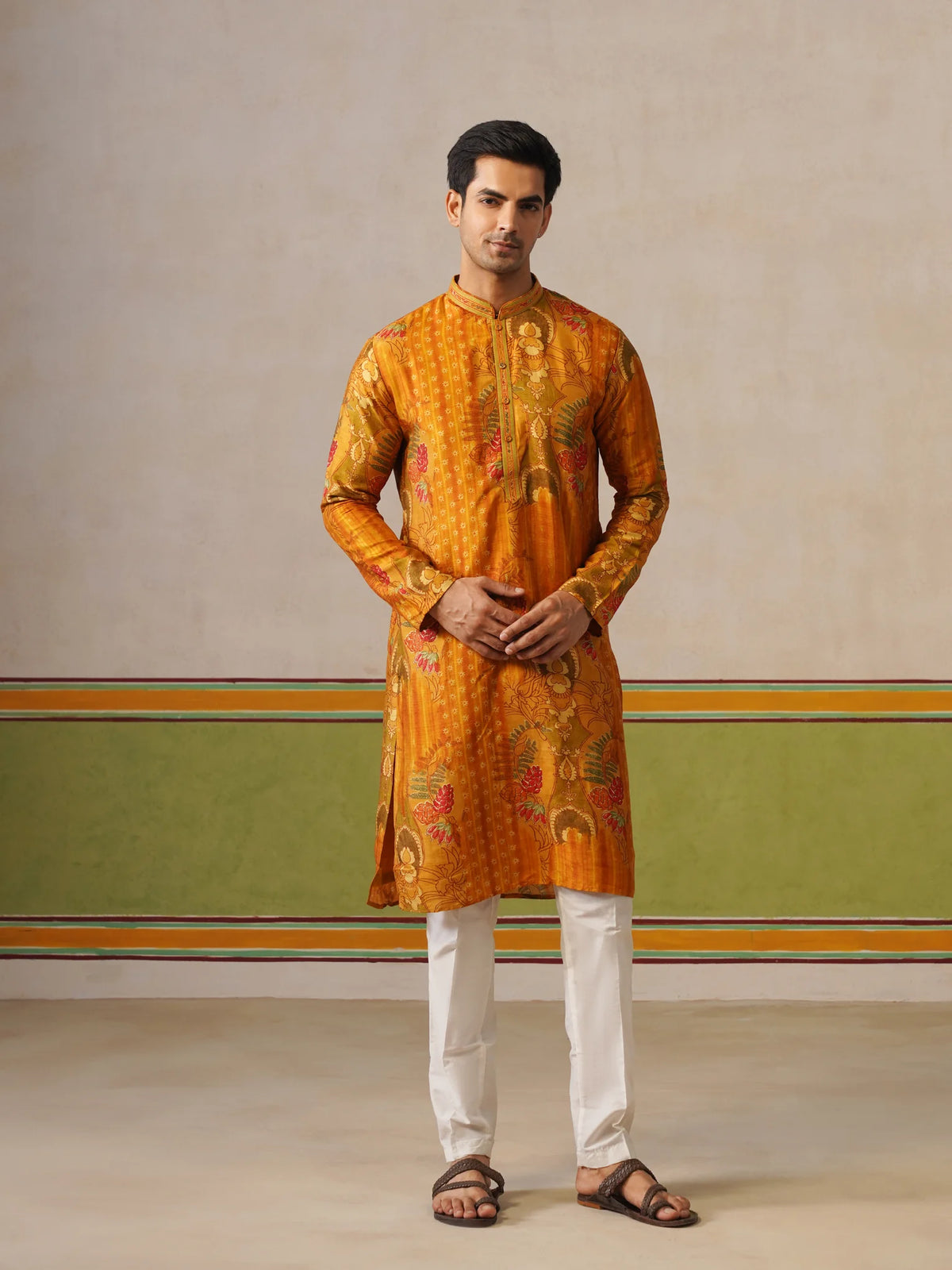 Yellow Tusser Silk Printed Kurta Pant Set