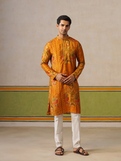 Yellow Tusser Silk Printed Kurta Pant Set