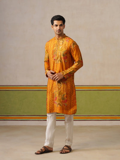 Yellow Tusser Silk Printed Kurta Pant Set