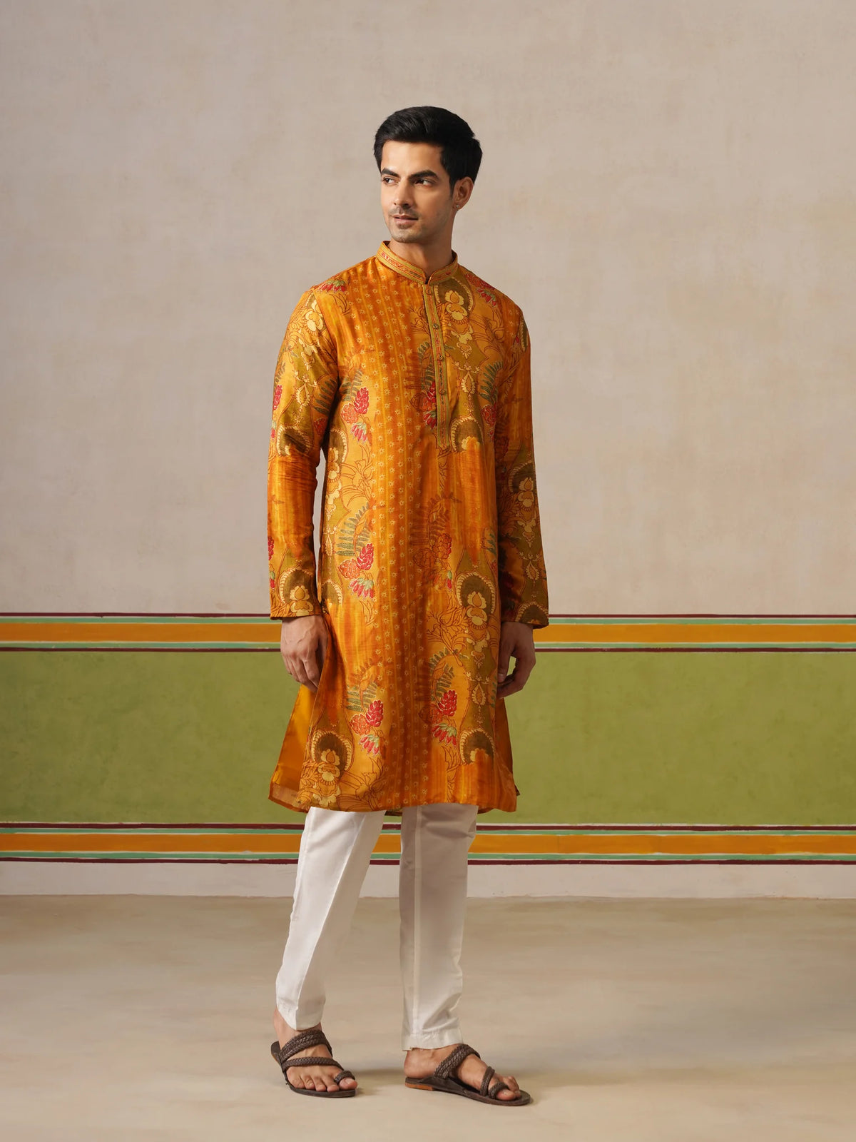 Yellow Tusser Silk Printed Kurta Pant Set