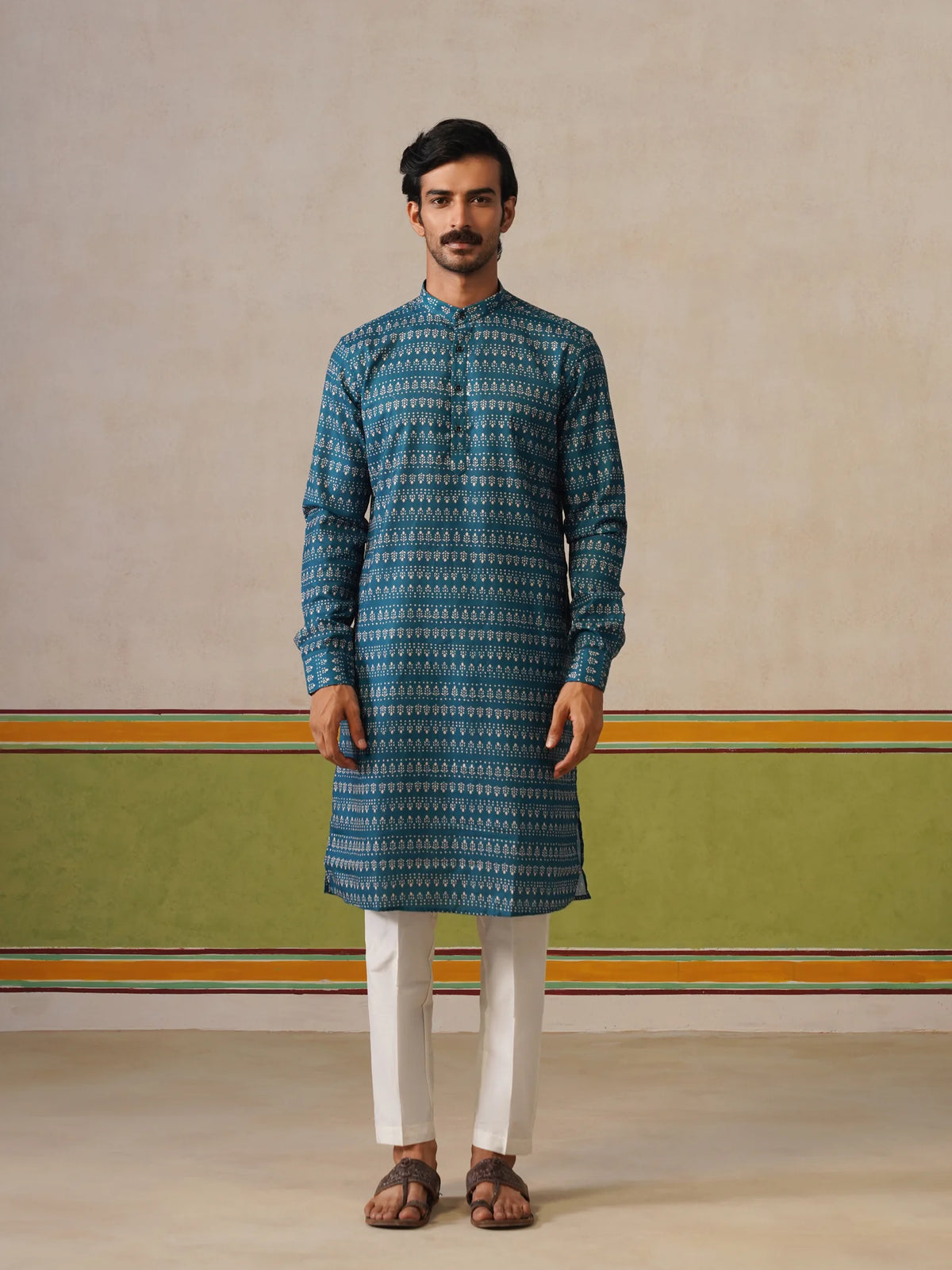 Teal Blue Silk Printed Kurta Only
