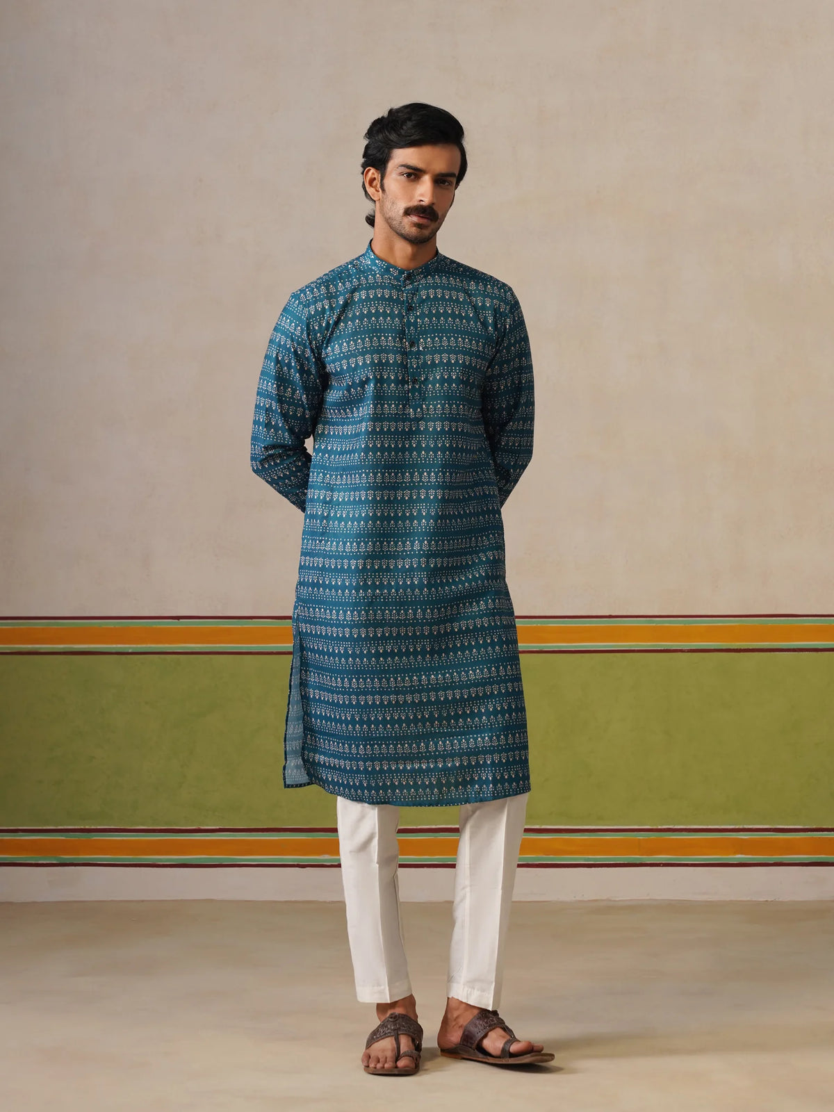 Rama Blue Butti Cotton Kurta Only