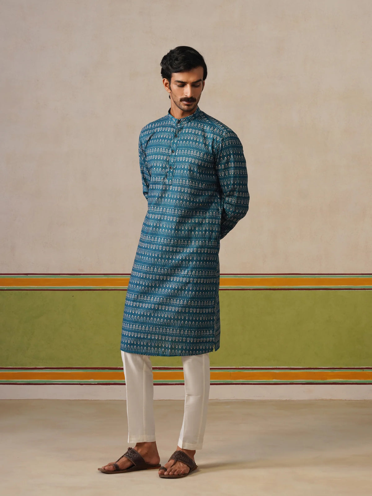 Teal Blue Silk Printed Kurta Only