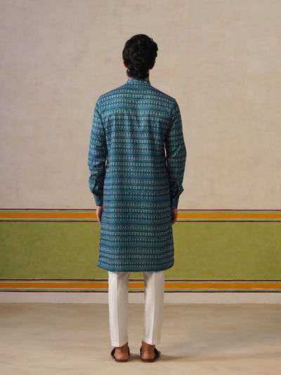 Teal Blue Silk Printed Kurta Only