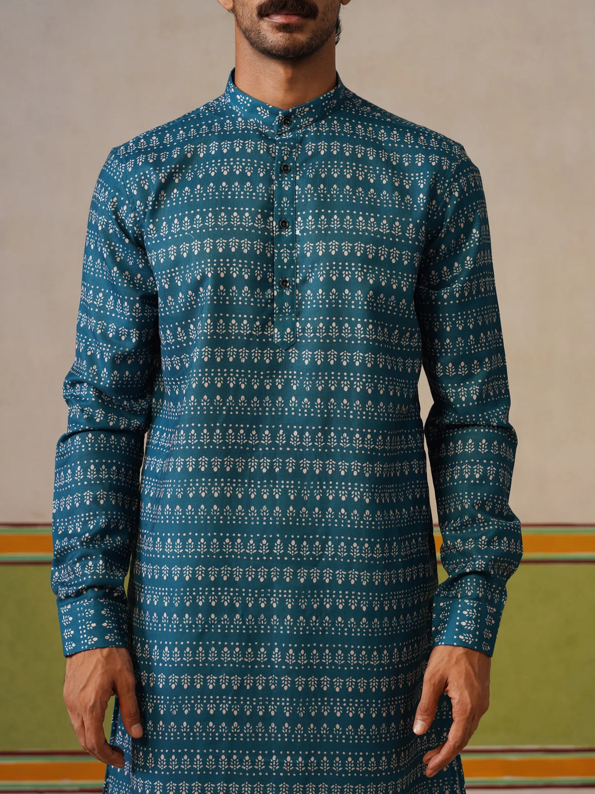 Teal Blue Silk Printed Kurta Only