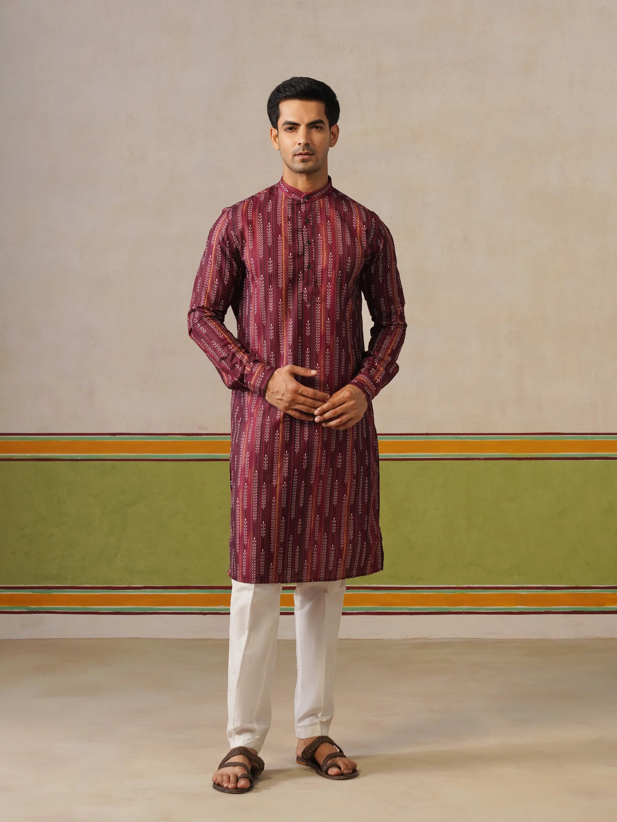 Maroon Printed Cotton Kurta Only