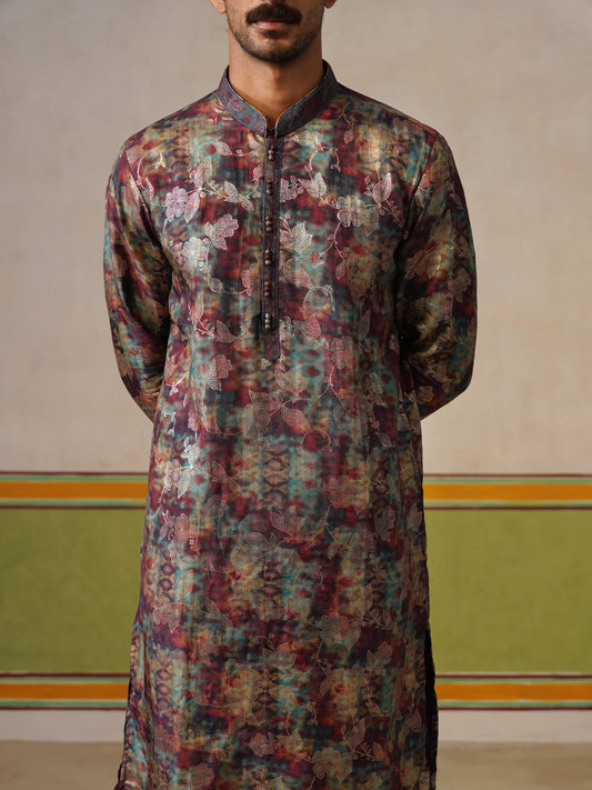 Maroon Brocket Silk Kurta Pant Set