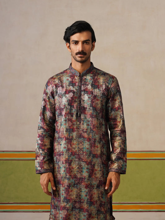 Maroon Brocket Silk Kurta Pant Set