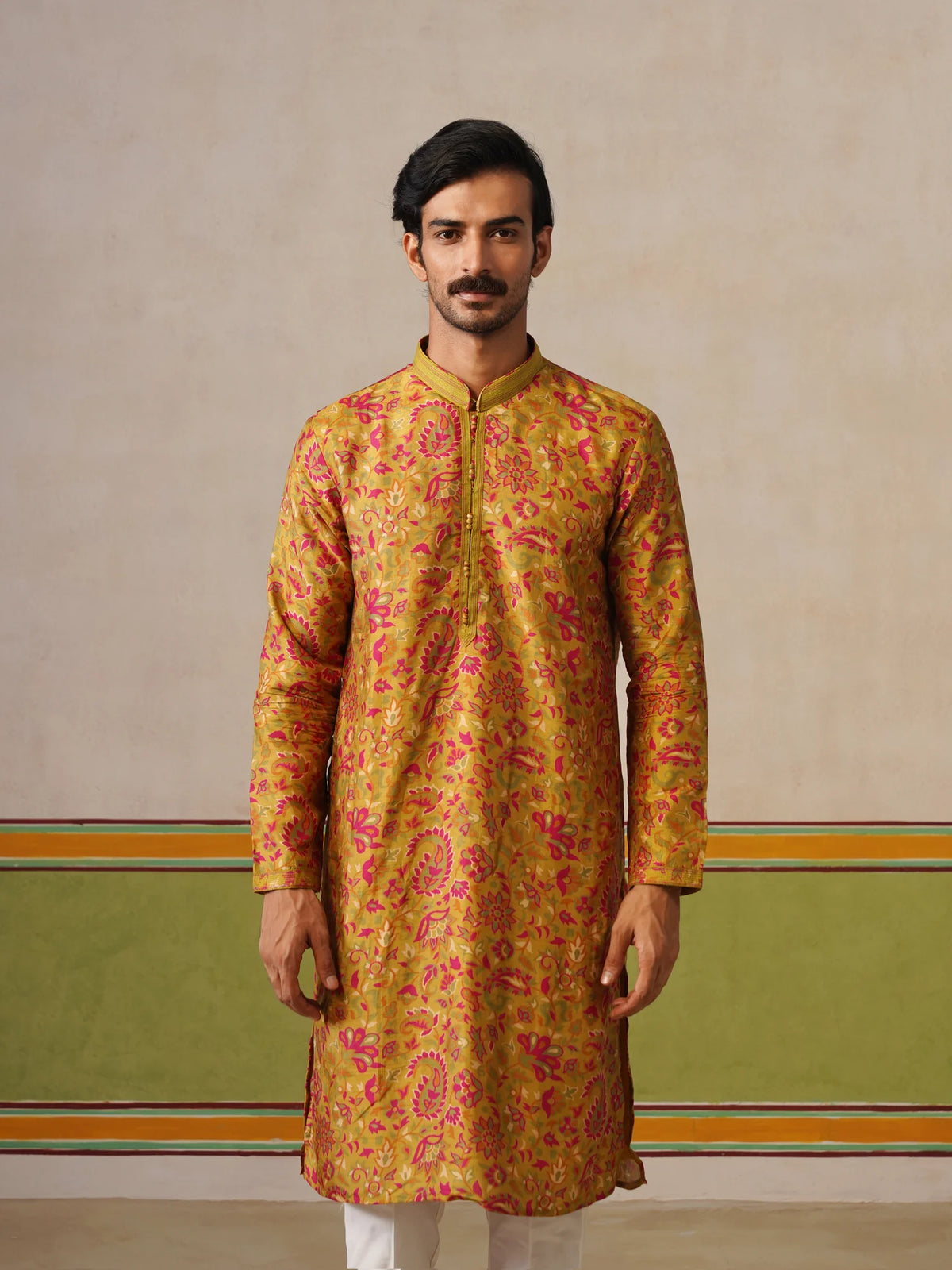 Yellow Tusser Silk Printed Kurta Pant Set