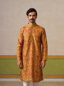 Yellow Tusser Silk Printed Kurta Pant Set
