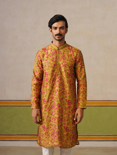 Yellow Tusser Silk Printed Kurta Pant Set
