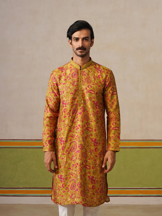 Yellow Tusser Silk Printed Kurta Pant Set