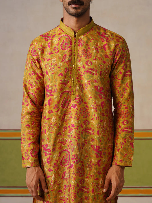 Yellow Tusser Silk Printed Kurta Pant Set