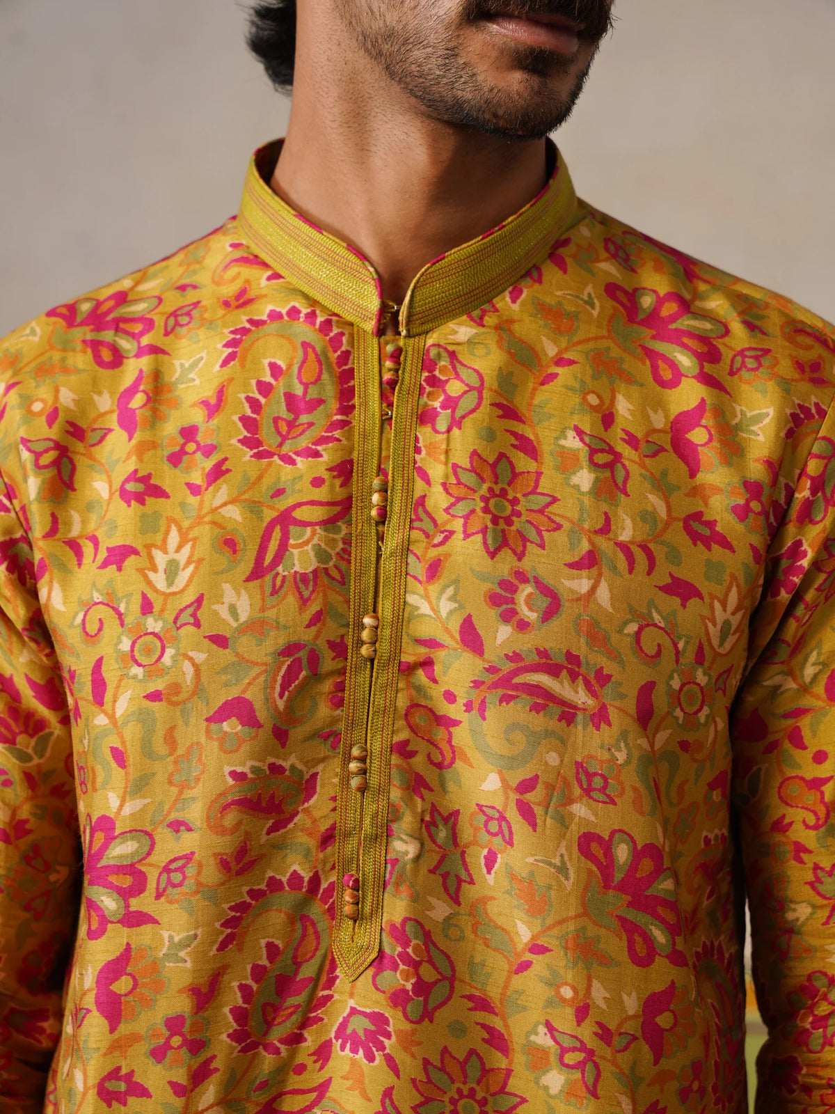 Yellow Tusser Silk Printed Kurta Pant Set