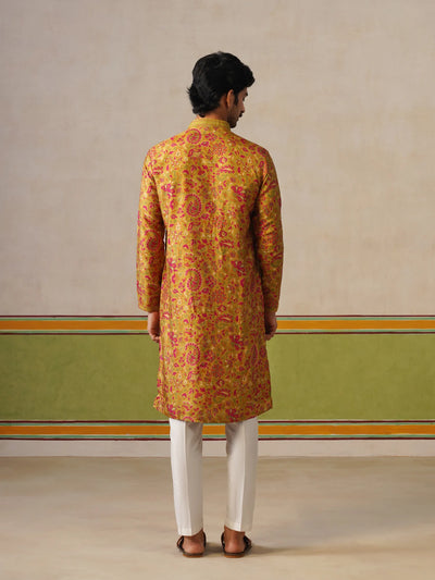 Yellow Tusser Silk Printed Kurta Pant Set