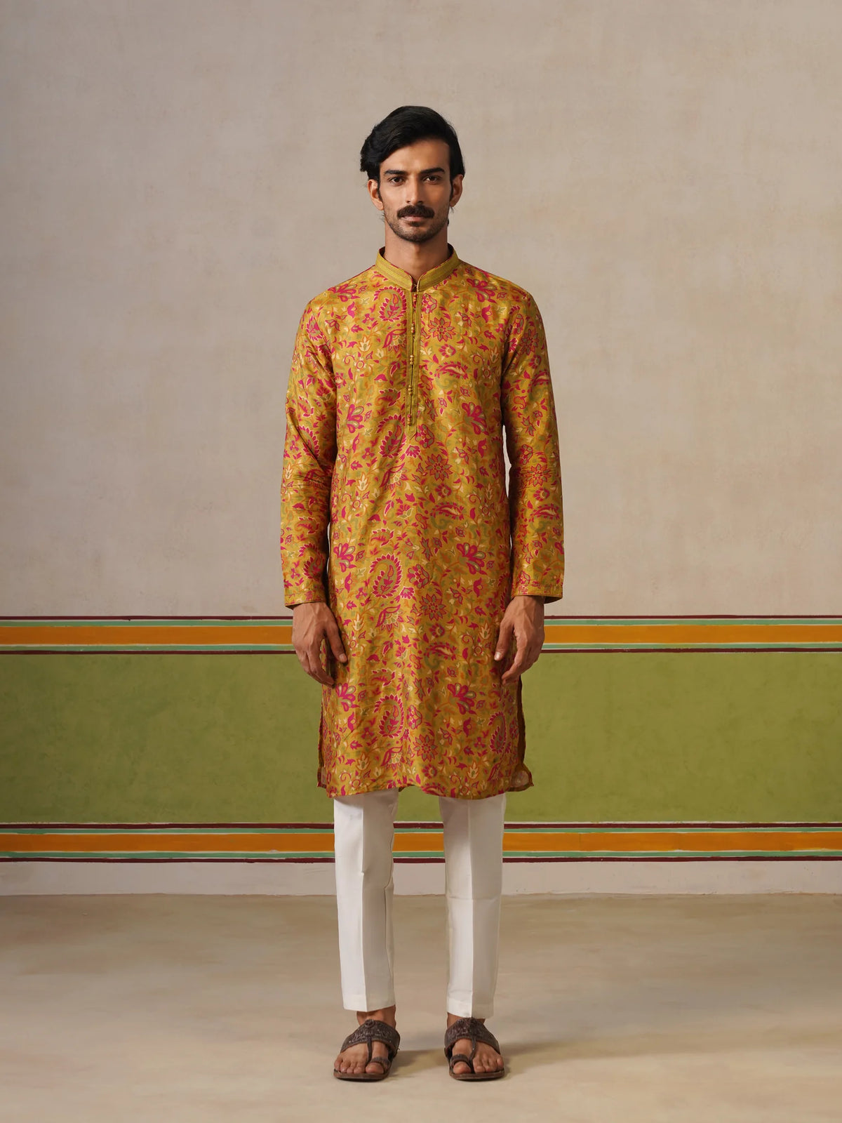Yellow Tusser Silk Printed Kurta Pant Set