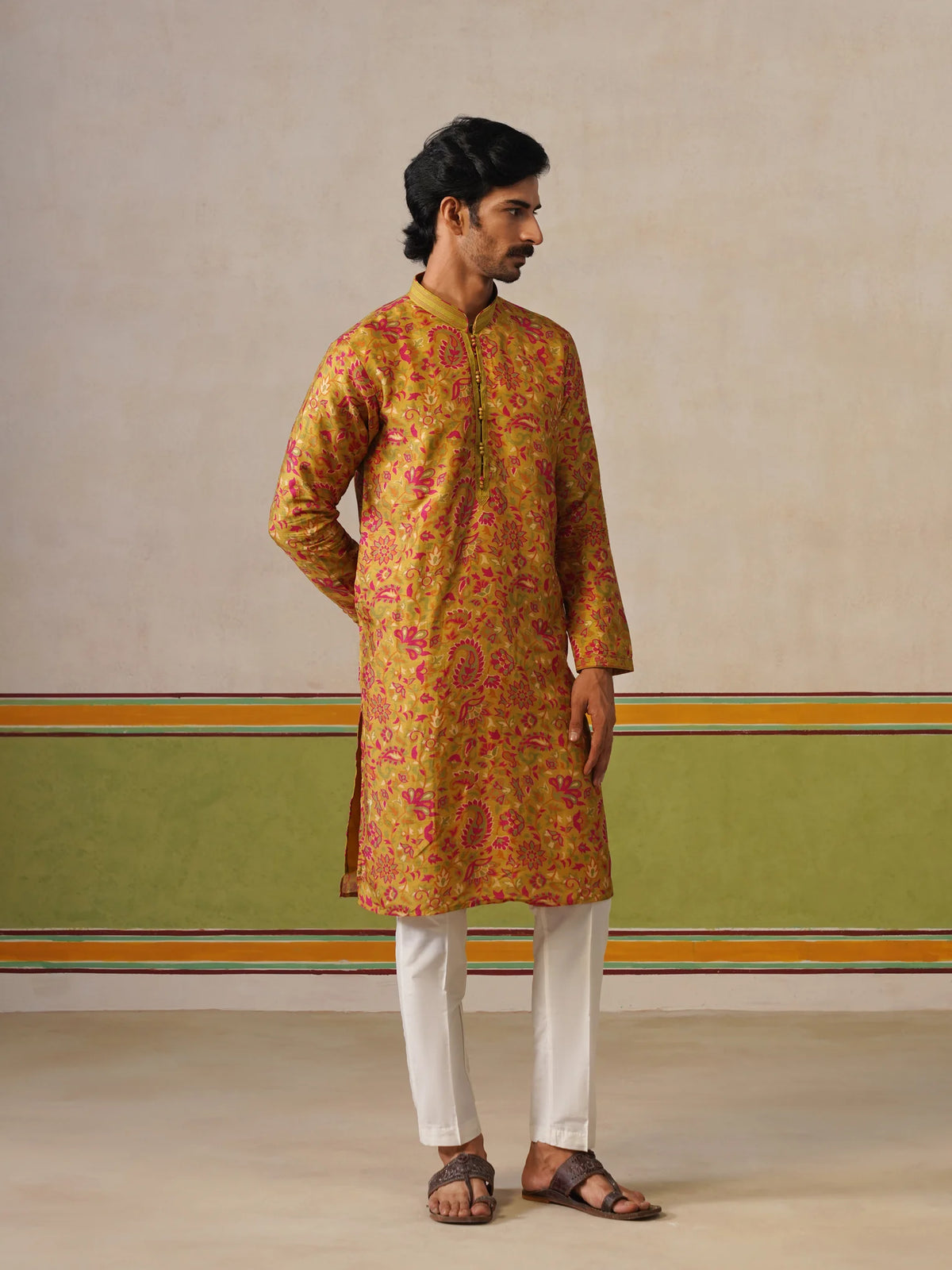 Yellow Tusser Silk Printed Kurta Pant Set
