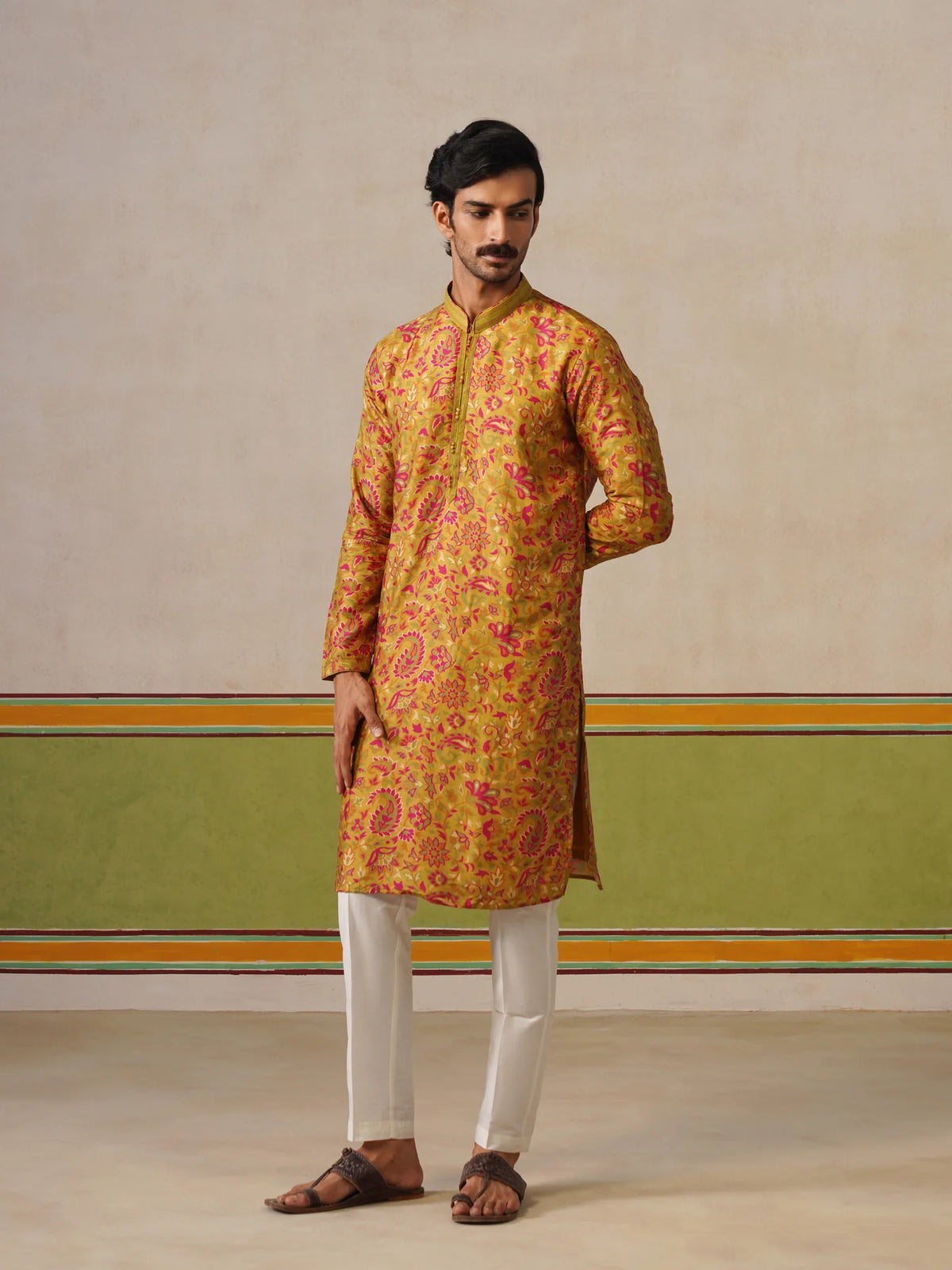 Yellow Tusser Silk Printed Kurta Pant Set