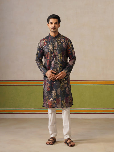 Navy Blue Print Kurta with Foil