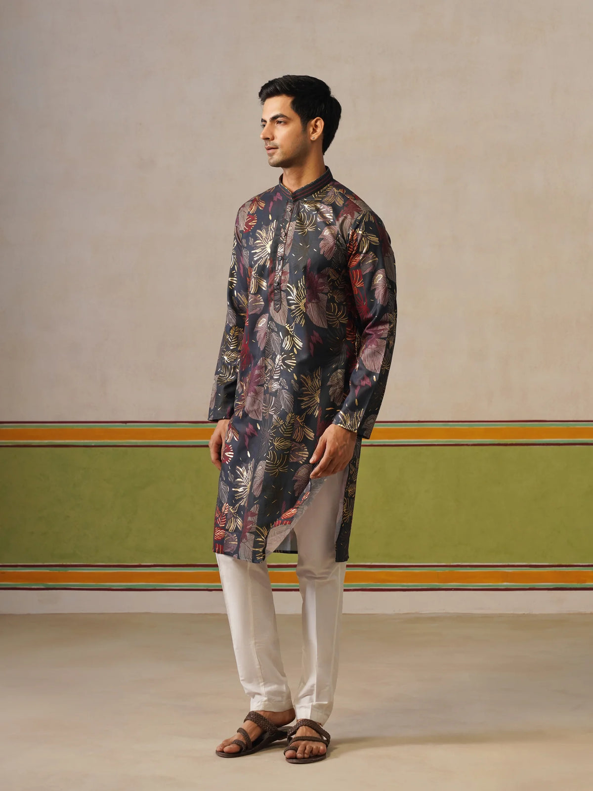 Navy Blue Print Kurta with Foil